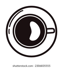 Hand Drawn cup of hot coffee from the top view in doodle style isolated on background