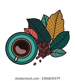 Hand Drawn Tasse heißen Kaffee von der Draufsicht im Doodle-Stil einzeln auf Hintergrund