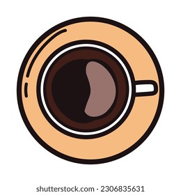 Hand Drawn cup of hot coffee from the top view in doodle style isolated on background