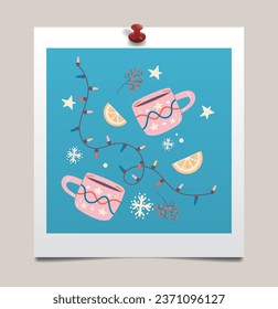 Hand drawn cup of hot drink in photo frame. Christmas retro vector card illustration