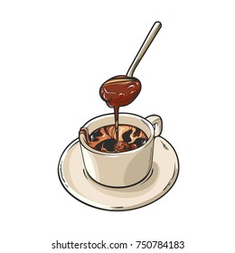 Hand drawn a cup of hot liquid chocolate, vector illustration isolated on white background