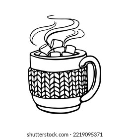 
hand drawn cup hot winter drink decorated knitting with marshmallows and smoke on the white background