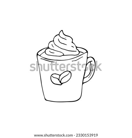 Hand drawn cup iof coffee with whipped cream. beverage illustration, isolated on white background
