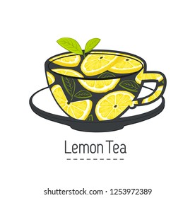 hand drawn cup of  lemon tea, creative logo. Element for design invitations, gift cards, flyers and brochures. Vector illustration isolated on white background.
