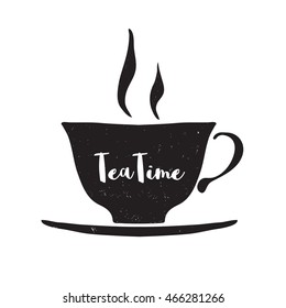 Hand drawn cup with lettering Tea time on white background. Black and white vector illustration.  Design element for menu, poster.