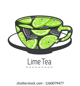 hand drawn cup of  lime tea, creative logo. Element for design invitations, gift cards, flyers and brochures. Vector illustration isolated on white background.
