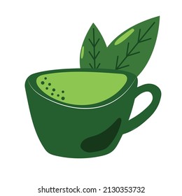 Handgezeichnete Tasse Matcha mit Teeblätter. Flache Illustration.