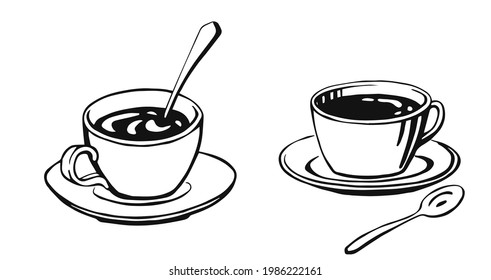 Hand drawn cup mug of hot drink coffee, tea etc. Cup isolated on white background. Teacup, coffee cup. Morning fresh drink. Vector illustration