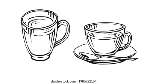 Hand drawn cup mug of hot drink coffee, tea etc. Cup isolated on white background. Teacup, coffee cup. Morning fresh drink. Vector illustration