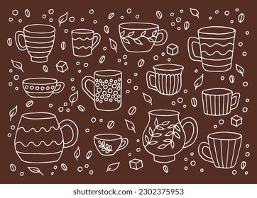 Hand drawn cup mug. Set of cups in doodle style. Vector illustration isolated on white background.