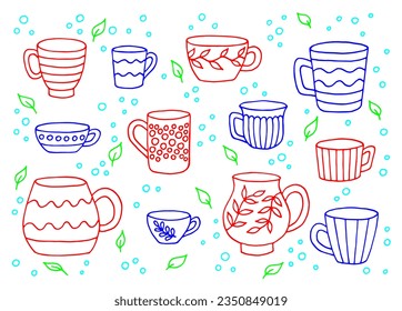 Hand drawn cup mug. Set of cups in doodle style. Vector illustration isolated on white background.