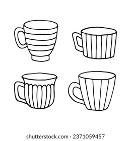 Hand drawn cup mug. Set of cups in doodle style. Vector illustration isolated on white background.