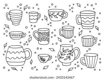 Hand drawn cup mug. Set of cups in doodle style. Vector illustration isolated on white background.