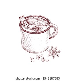 Hand drawn cup of mulled wine with spices isolated on white background. Vector illustration.