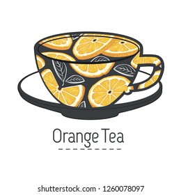 hand drawn cup of  orange tea, creative logo. Element for design invitations, gift cards, flyers and brochures. Vector illustration isolated on white background.