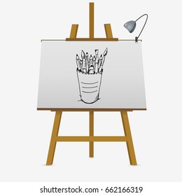 Hand drawn cup with pencils and brushes on easel. Vector illustration.