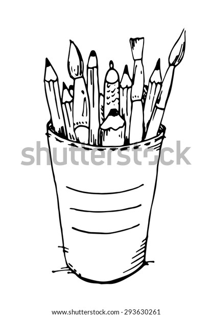 Hand Drawn Cup Pencils Brushes Lines Stock Vector Royalty Free 293630261