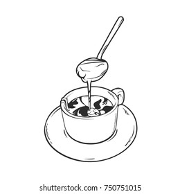 hand drawn a cup and spoon with hot chocolate, vector monochrome line art illustration isolated on white background 