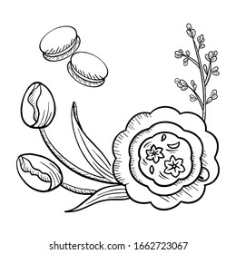 Hand Drawn Cup of Tea decorated with Macarons and Tulips Flowers on White Background. Top view (Flat Lay) Composition. Line Art Flat Vector Illustration for Wedding, Greeting or Invitation design.