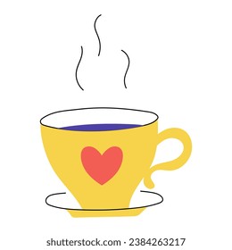 Hand drawn Cup of tea. Hot drink. Mug with heart. Bright decorative element. Color flat vector illustration isolated on a white background.