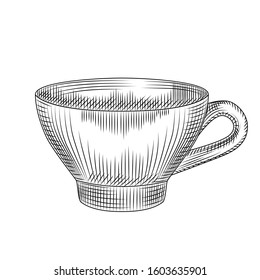 Hand drawn cup of tea isolated on white background. Engraving vintage style.  Vector illustration
