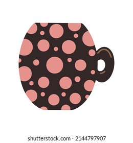 Hand drawn Cup of tea isolated on white background. Doodle modern mug of coffee. Cartoon flat cup with cute flat polka dot design. Ceramic tableware. Cute trendy crockery with handle for drink