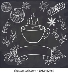 Hand drawn cup of tea, lemon, cinnamon, star aniseed and ribbon with space for text on chalkboard. Hot drink. Vector illustration. Perfect for menu, print, invitation, greeting card, postcard.