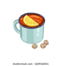 Hand drawn cup of tea with lemon and cane sugar cubes isolated on white background. Hot drink vector illustration.