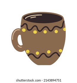 Hand drawn Cup of tea for tea party isolated on white background. Doodle mug of coffee icon. Cartoon cup with waves and dots design. Ceramic tableware for design, wrapping, restaurants and cafe