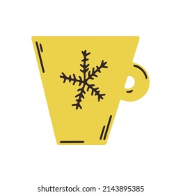 Hand drawn Cup of tea for tea party isolated on white background. Doodle mug of coffee. Cartoon cup with snowflake design. Ceramic tableware for christmas design, wrapping, restaurants and cafe