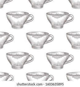 Hand drawn cup of tea seamless pattern on white background. Engraving vintage style.  Vector illustration