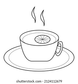 Hand drawn cup with tea and a slice of lemon. Hot drink with vitamin C.