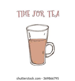 Hand drawn cup of tea. TIME for tea text. Vector stock illustration. Doodle sketch. 