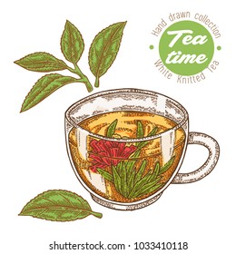 Hand drawn cup of tea. White knitted tea isolated on white. Vector illustration. Design for packaging.
