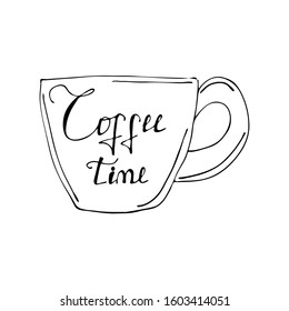 Hand drawn cup with text coffee time. Black lines on white background vector illustration.