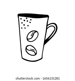 Té a mano con dos granos de café para bebidas calientes aisladas en un fondo blanco. Dibujo de dibujo simple. Se puede utilizar para la decoración de textiles, papel.