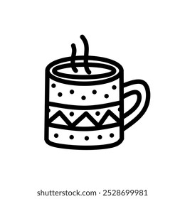 Hand Drawn Cup Vector Illustration, Christmas Drink Icon with Pattern, Chocolate or Warm Milk Drink Line Art Icon