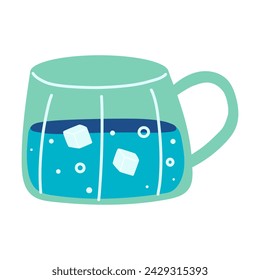 Hand drawn cup with water and ice. Doodle illustration, concept of hydration, drink more water.