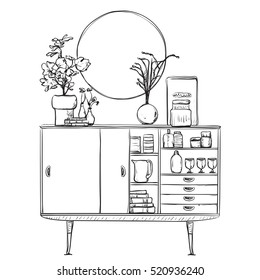 Hand drawn cupboard with dishes. Furniture