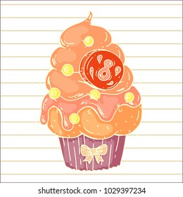 Hand drawn cupcake for 8 march international women's day celebration, colorful warm vector illustration with white line art on stripped background. For cards, banners or leaflet design.