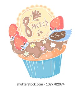 Hand drawn cupcake for 8 march international women's day celebration, colorful warm vector illustration with white line art on white background. For cards, banners or leaflet design.