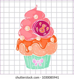 Hand drawn cupcake for 8 march international women's day celebration, colorful warm vector illustration with white line art on squared background. For cards, banners or leaflet design.