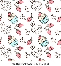 Hand drawn cupcake and berry background for bakery. Vector illustration isolated. Pattern can used for greeting card, invitation, menu background, poster, textile, wrapping paper, celebration banner