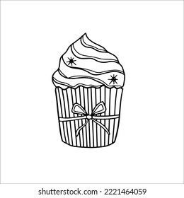 Hand drawn cupcake with a bow and snowflakes. Doodle vector illustration