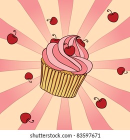 Hand drawn cupcake with cherries. EPS 8 CMYK with global colors vector illustration.