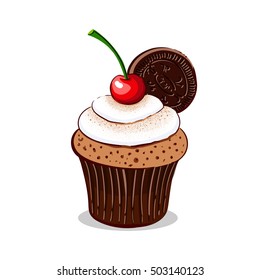 Hand drawn cupcake with cherry, cookie and cream isolated on white background. Vector illustration. Can be used for design of bakery or for cafe.