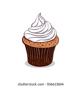 Hand drawn cupcake with cherry, cookie and cream isolated on white background. Vector illustration. Can be used for design of bakery or for cafe.