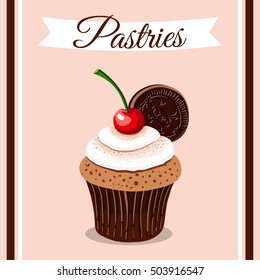 Hand drawn cupcake with cherry, cream and cookie. Vector illustration. Can be used for design of bakery or for cafe.