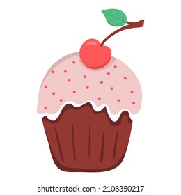 Hand drawn cupcake with cherry. Vector doodle sketch illustration isolated on white background.