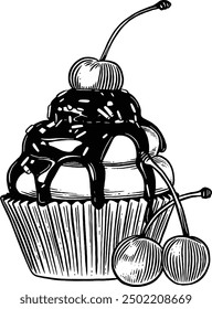 Hand drawn Cupcake with Chocolate Syrup and Cherries Sketch Illustration